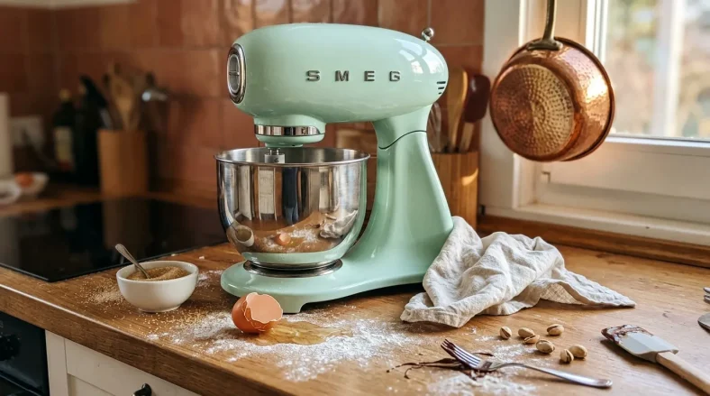 Batteur SMEG vert menthe avec bol contenant pâte, ingrédients et accessoires.