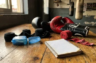 Gants de boxe rouges, protège-dents et carnet dans un ring
