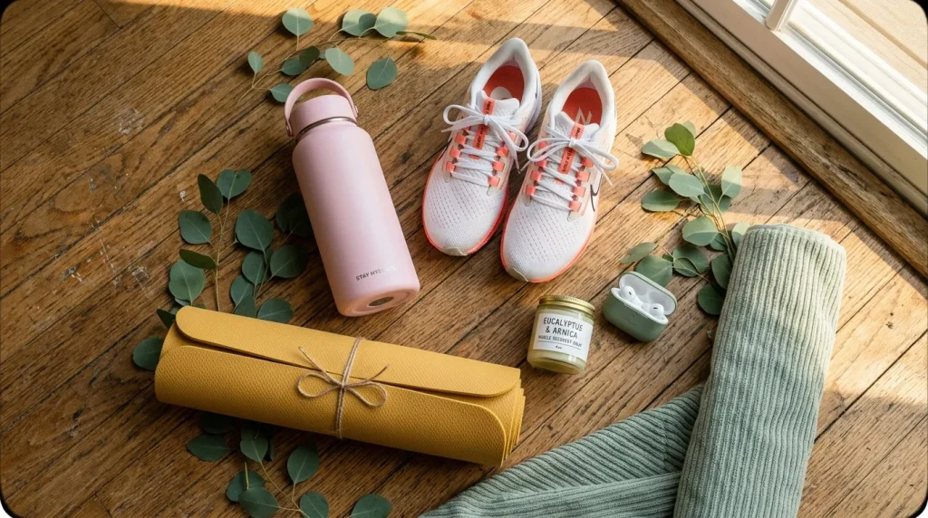 Baskets blanches, bouteille rose, tapis yoga, écouteurs sur parquet