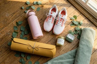 Baskets blanches, bouteille rose, tapis yoga, écouteurs sur parquet