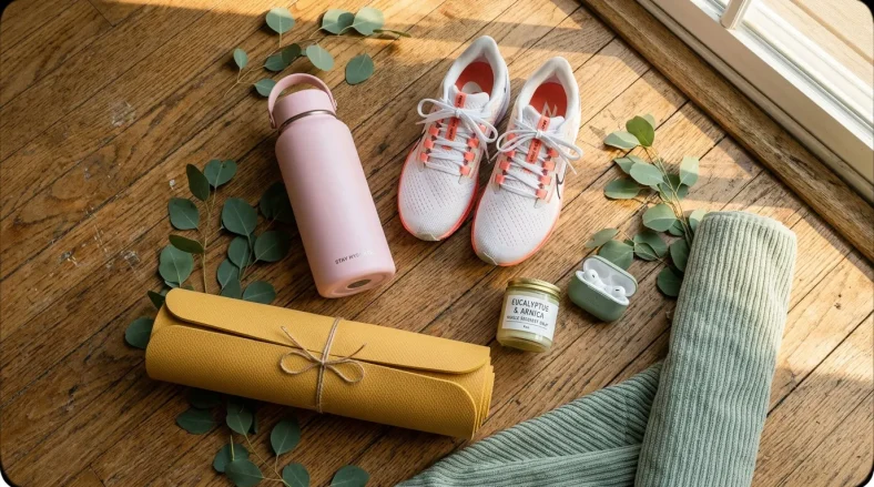Baskets blanches, bouteille rose, tapis yoga, écouteurs sur parquet
