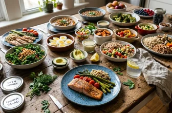 Table de bois avec plats sains, fruits, légumes et protéines