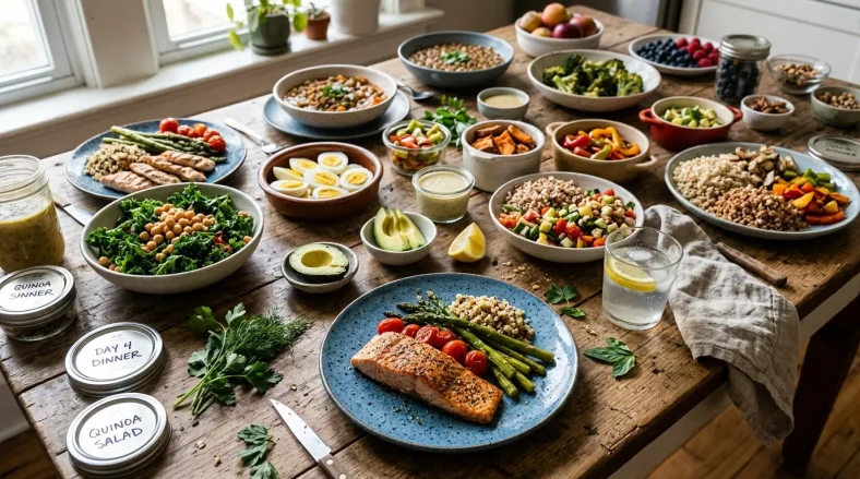 Table de bois avec plats sains, fruits, légumes et protéines