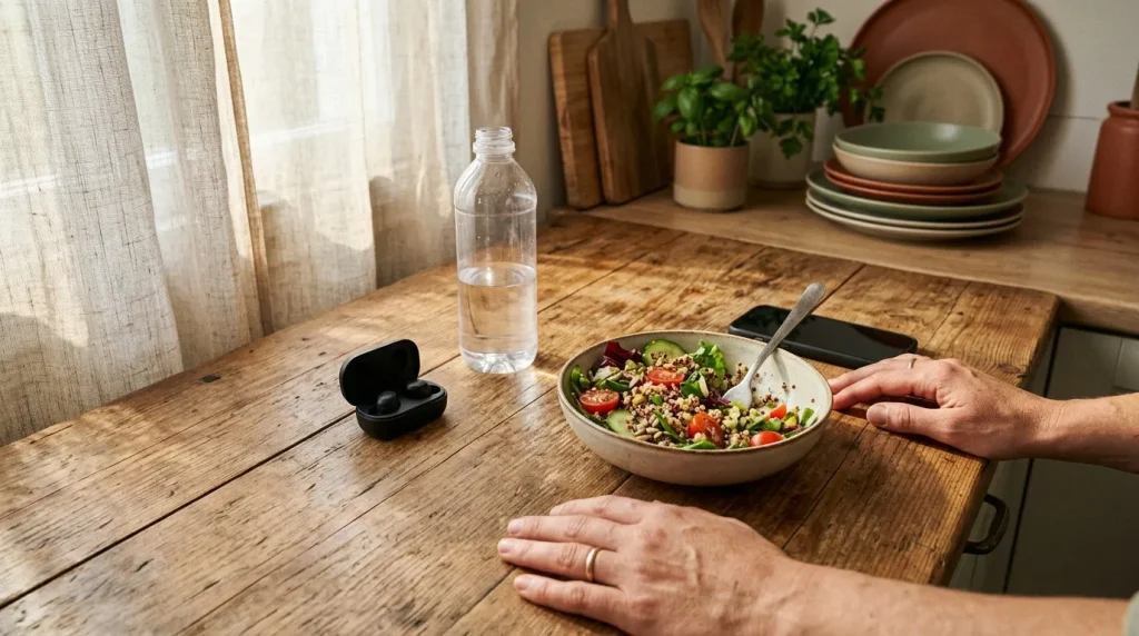 Personne mangeant une salade équilibrée à table
