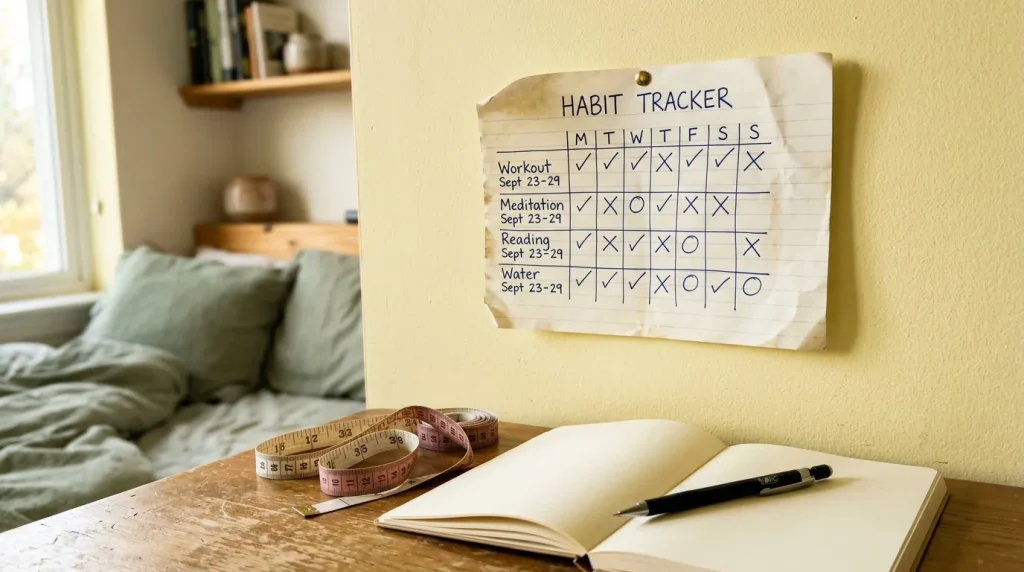 Tableau de suivi des habitudes affichés au mur avec cahier ouvert