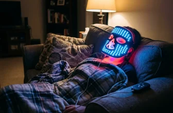 Personne allongée sur canapé portant masque LED lumineux