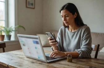 Une adulte consulte un téléphone et un ordinateur aux écrans floutés, un cadenas posé sur la table.