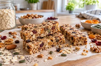 Barres de céréales maison avec avoine, noix et fruits secs visibles