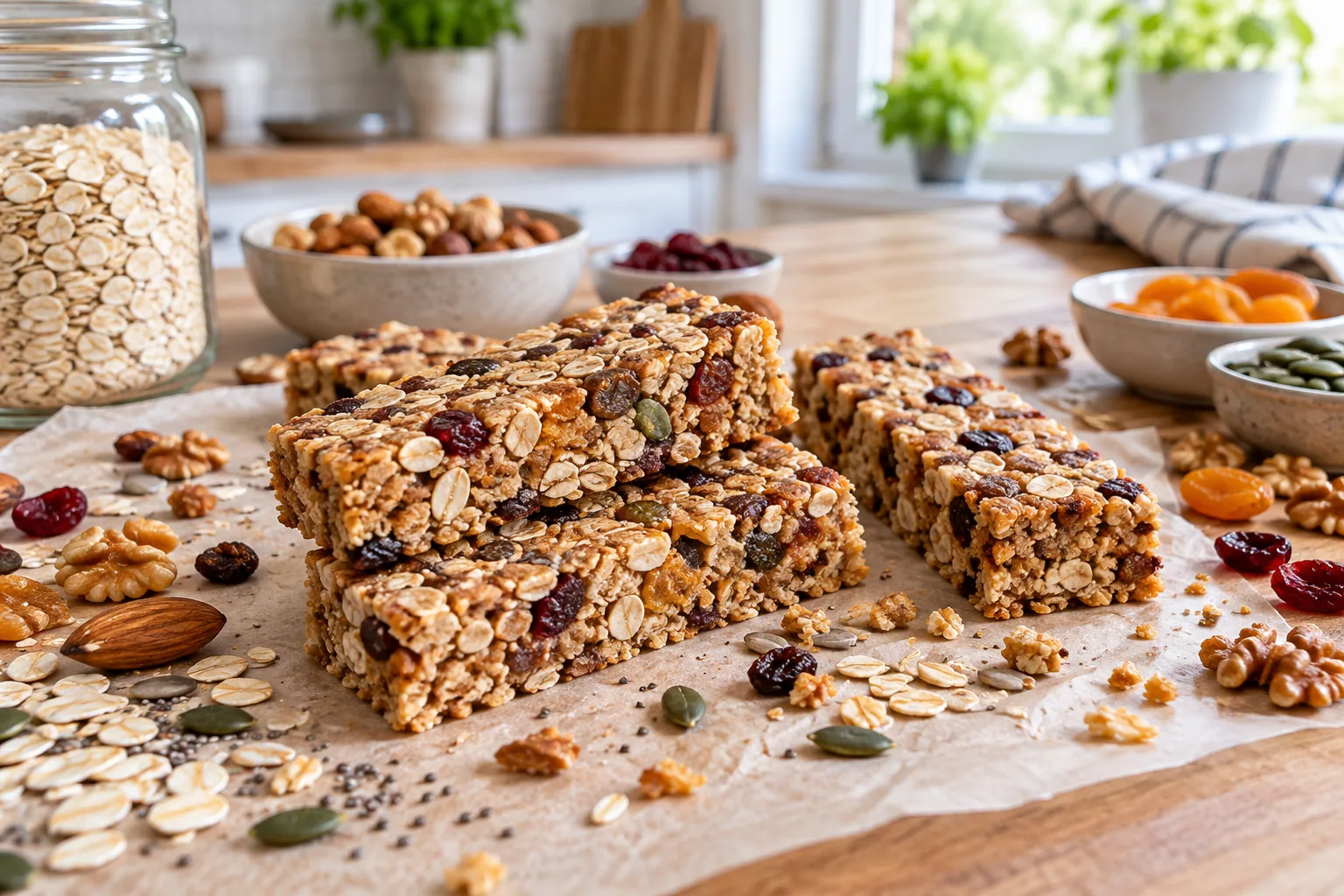 Barres de céréales maison avec avoine, noix et fruits secs visibles