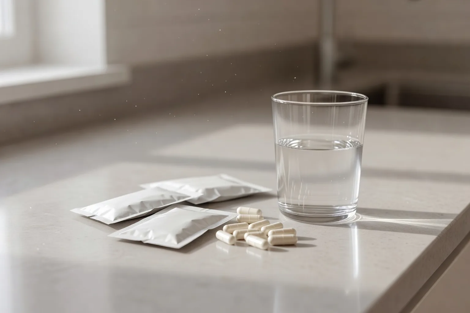 Des sachets génériques non étiquetés et des gélules reposent prÚs d'un verre d'eau.