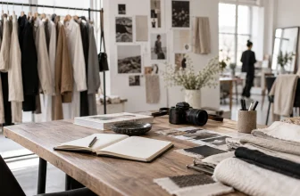 Bureau éditorial mode avec vêtements, carnet et appareil photo