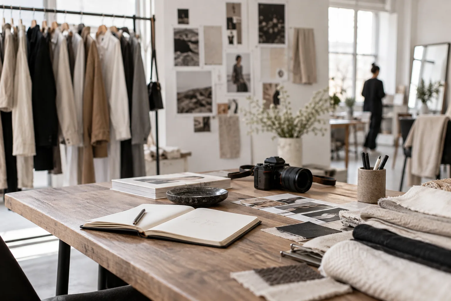 Bureau éditorial mode avec vêtements, carnet et appareil photo