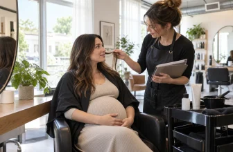 Personne enceinte discutant avec une coiffeuse dans un salon aéré