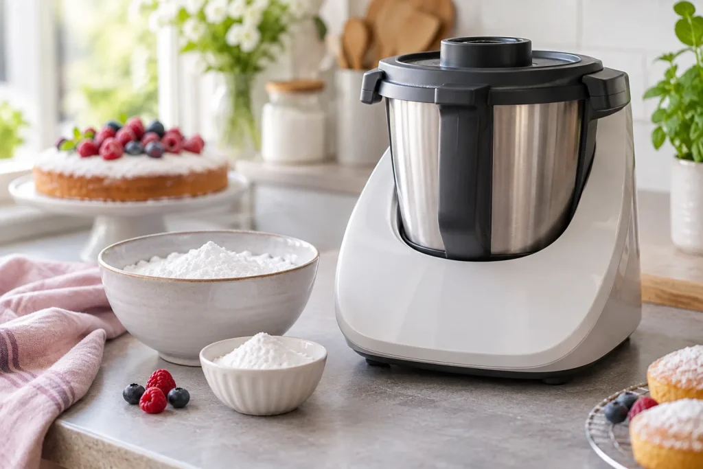 Sucre glace préparé dans un robot-cuiseur générique fermé sur un plan de travail propre