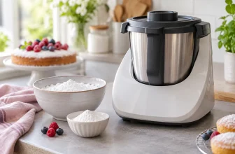 Sucre glace préparé dans un robot-cuiseur générique fermé sur un plan de travail propre