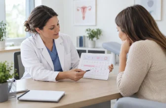 Professionnelle de santé expliquant un calendrier de suivi de fertilité non lisible