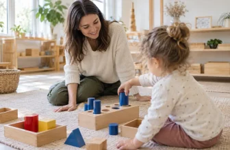 Adulte accompagnant un enfant avec du matériel Montessori en bois