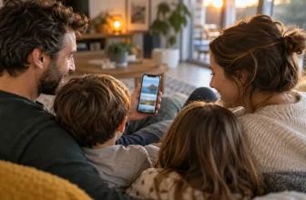 Famille consultant des nouvelles de voyage sur un smartphone à l’écran illisible