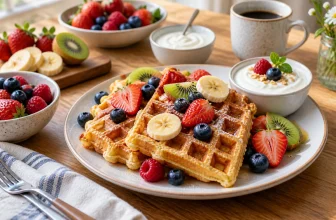 Gaufres maison servies avec des fruits frais et du yaourt nature