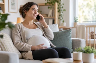 Personne enceinte au téléphone, calme et attentive, dans un intérieur lumineux