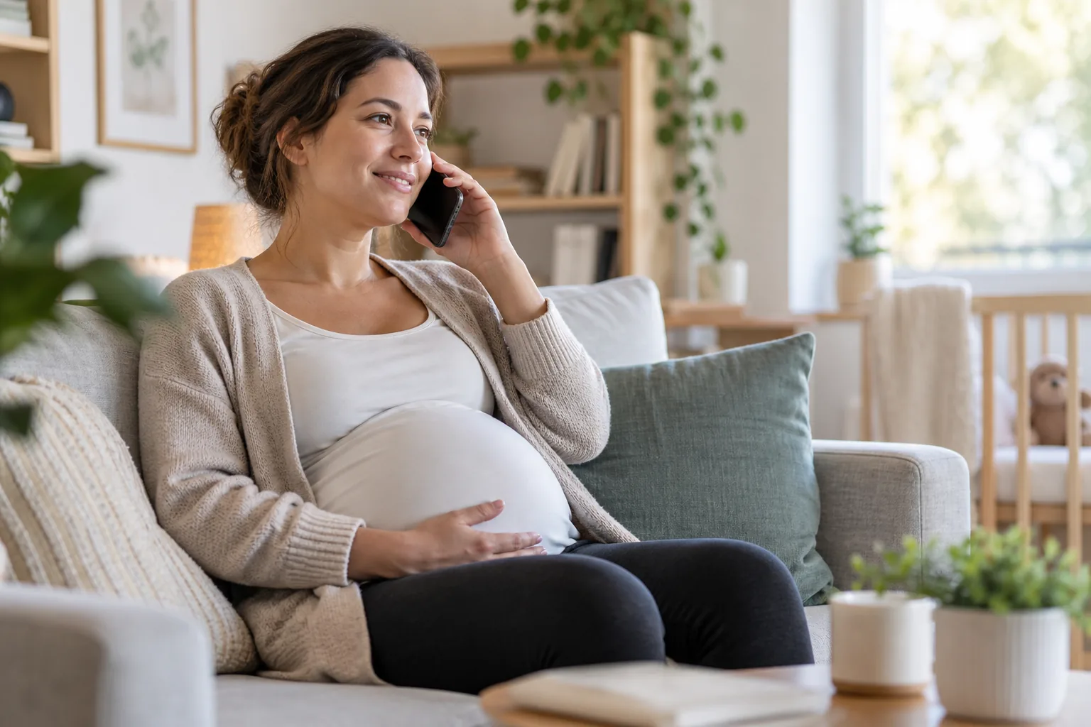 Personne enceinte au téléphone, calme et attentive, dans un intérieur lumineux