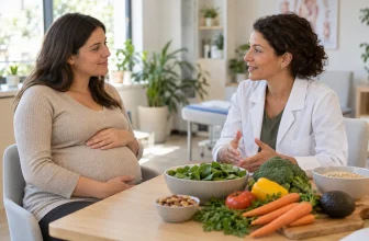 Personne enceinte échangeant avec une professionnelle de santé devant des aliments variés