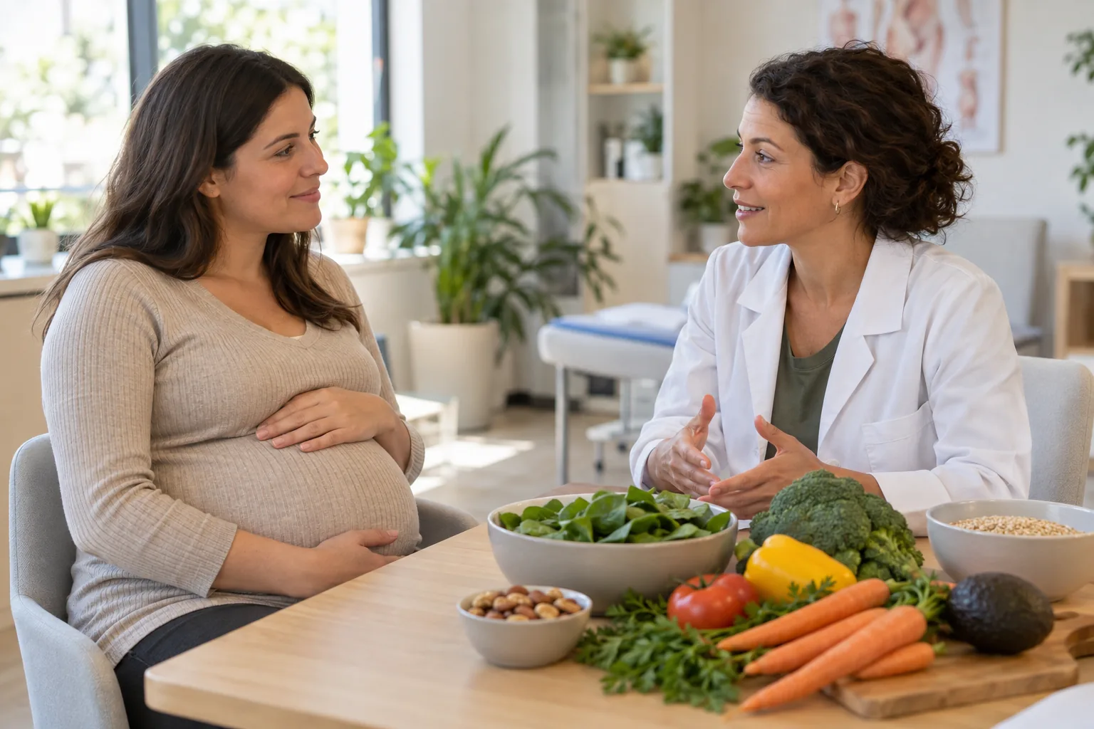 Personne enceinte échangeant avec une professionnelle de santé devant des aliments variés
