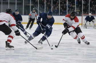 Joueurs de hockey sur glace génériques pendant un match en patinoire