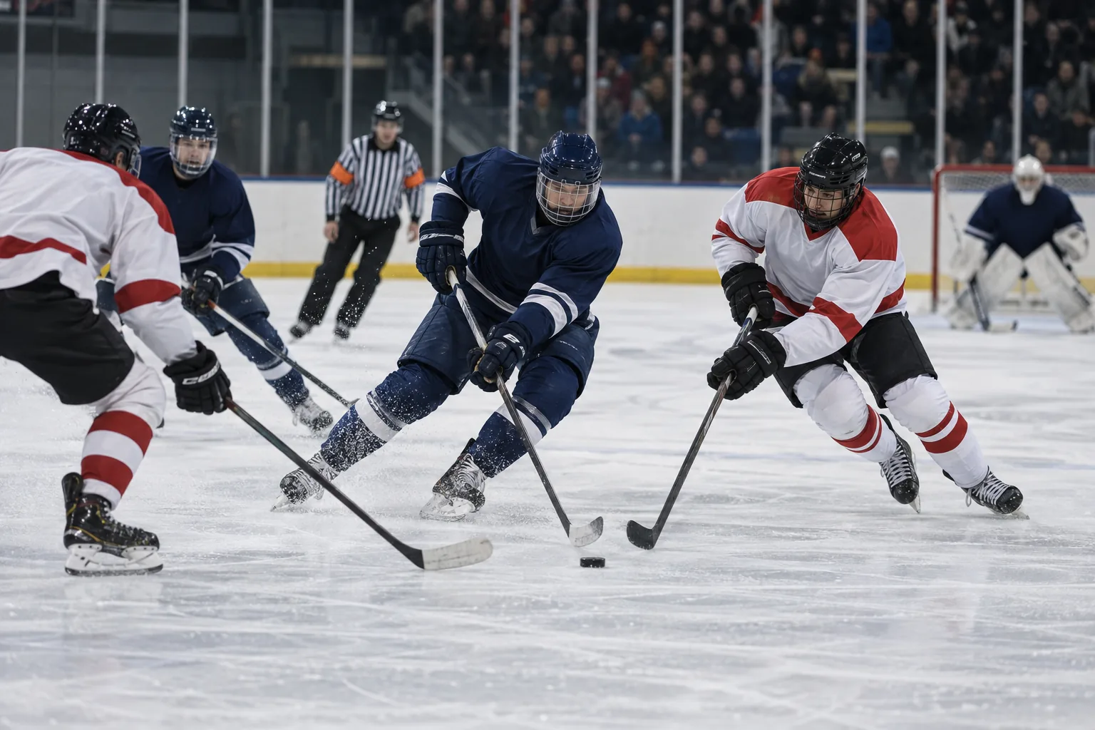 Joueurs de hockey sur glace génériques pendant un match en patinoire