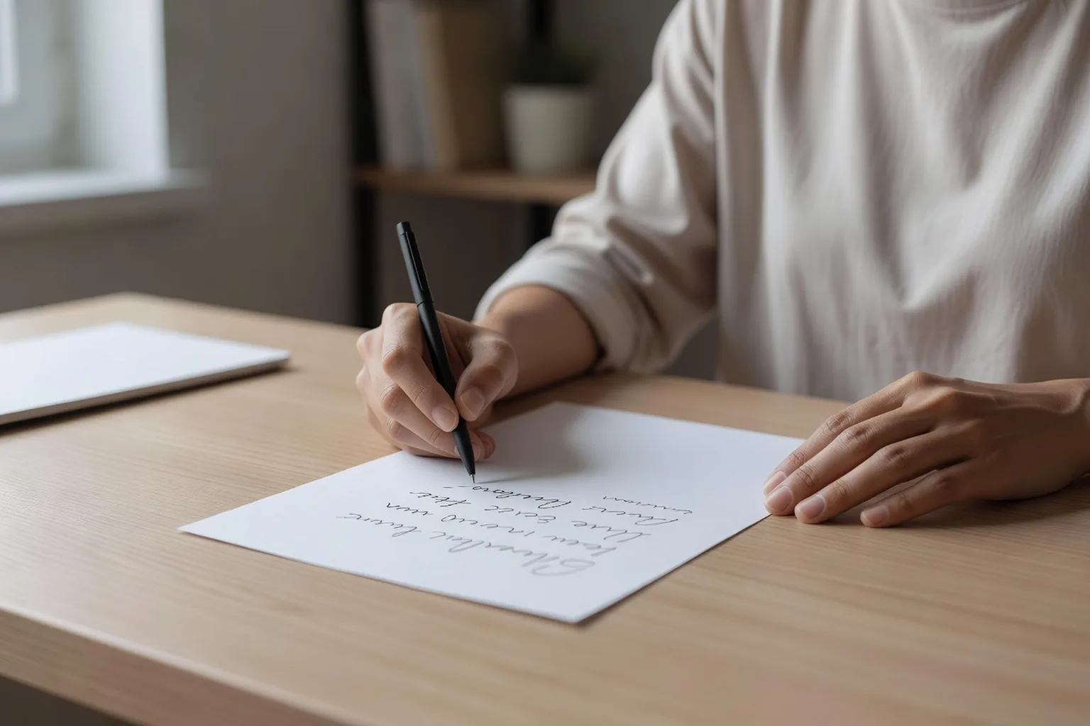 Un adulte rédige une lettre manuscrite générique dont le texte reste illisible.