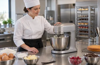 Pâtissier utilisant un robot générique sur un plan de travail stable