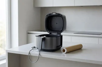 Un air fryer générique ouvert et vide côtoie un rouleau d'aluminium encore dans son tube.