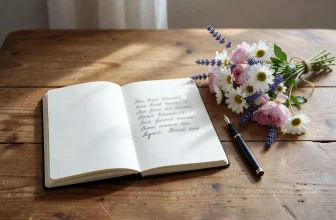 Un carnet ouvert au texte illisible est posé près d'un bouquet de fleurs et d'un stylo.