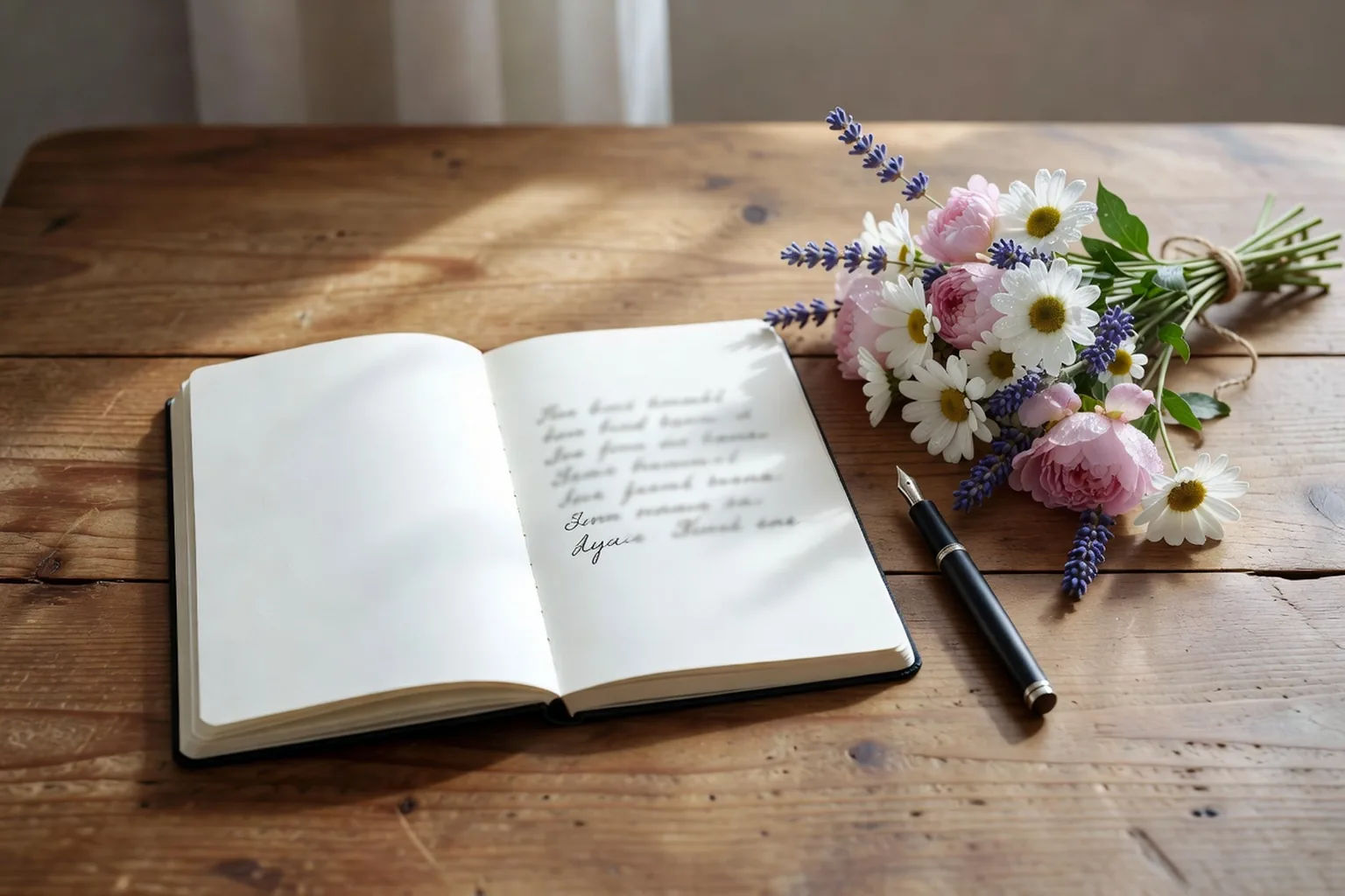 Un carnet ouvert au texte illisible est posé prÚs d'un bouquet de fleurs et d'un stylo.