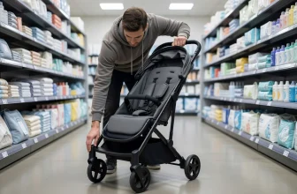 Un adulte inspecte une poussette générique dépliée dans l'allée d'un magasin, siège vide.