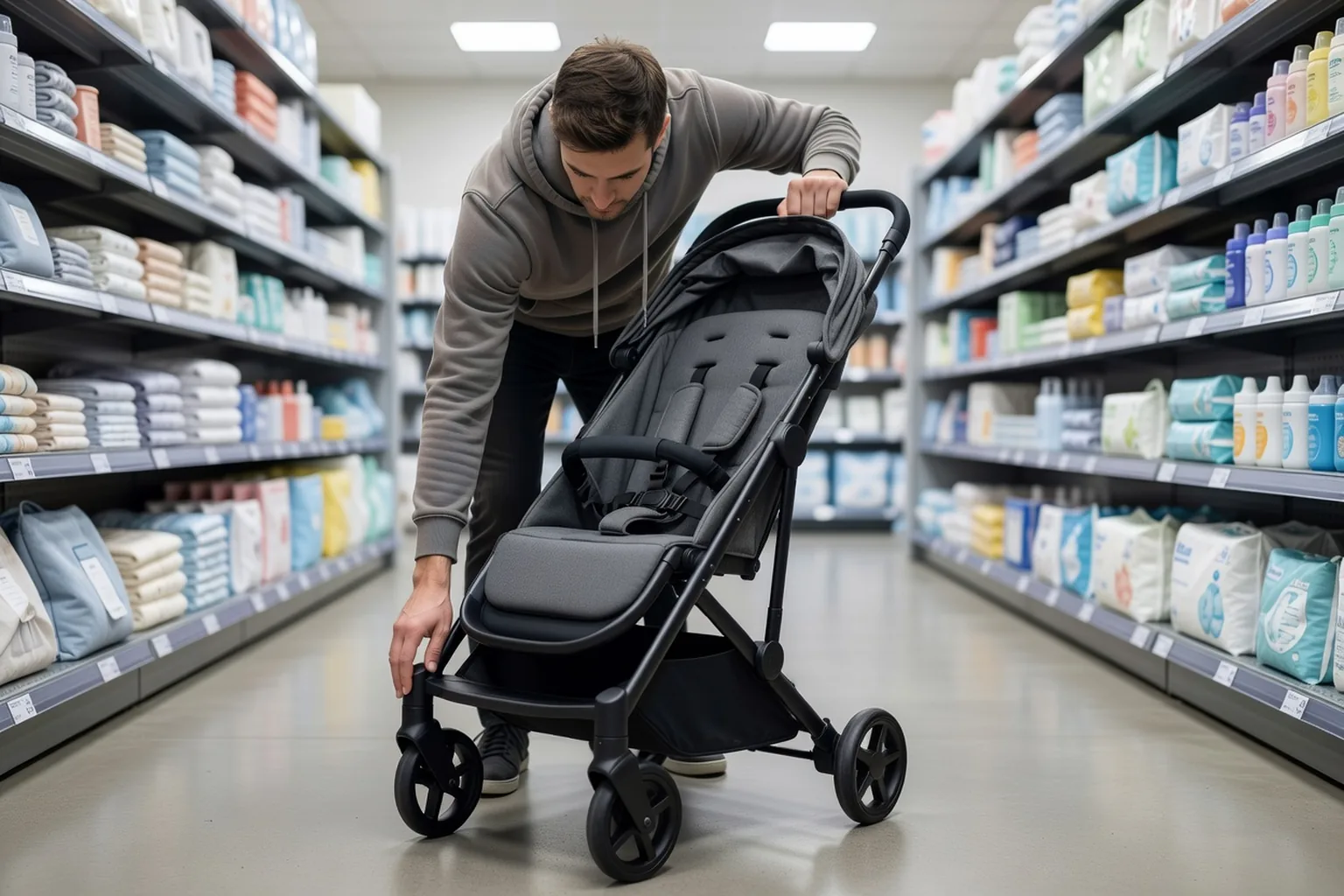 Un adulte inspecte une poussette générique dépliée dans l'allée d'un magasin, siège vide.