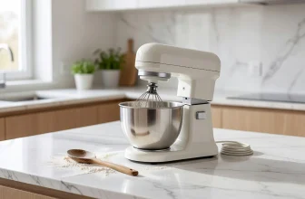 Un robot pâtissier générique à bol inox et fouet est posé à l'arrêt sur un plan de travail.