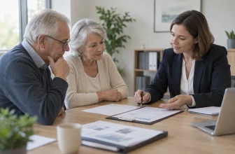 Senior et proche échangeant avec une conseillère autour de documents génériques