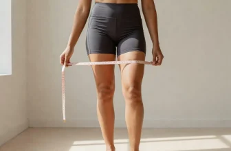 Une adulte tient un mètre ruban souple à hauteur de cuisse, en short, dans une pièce claire.