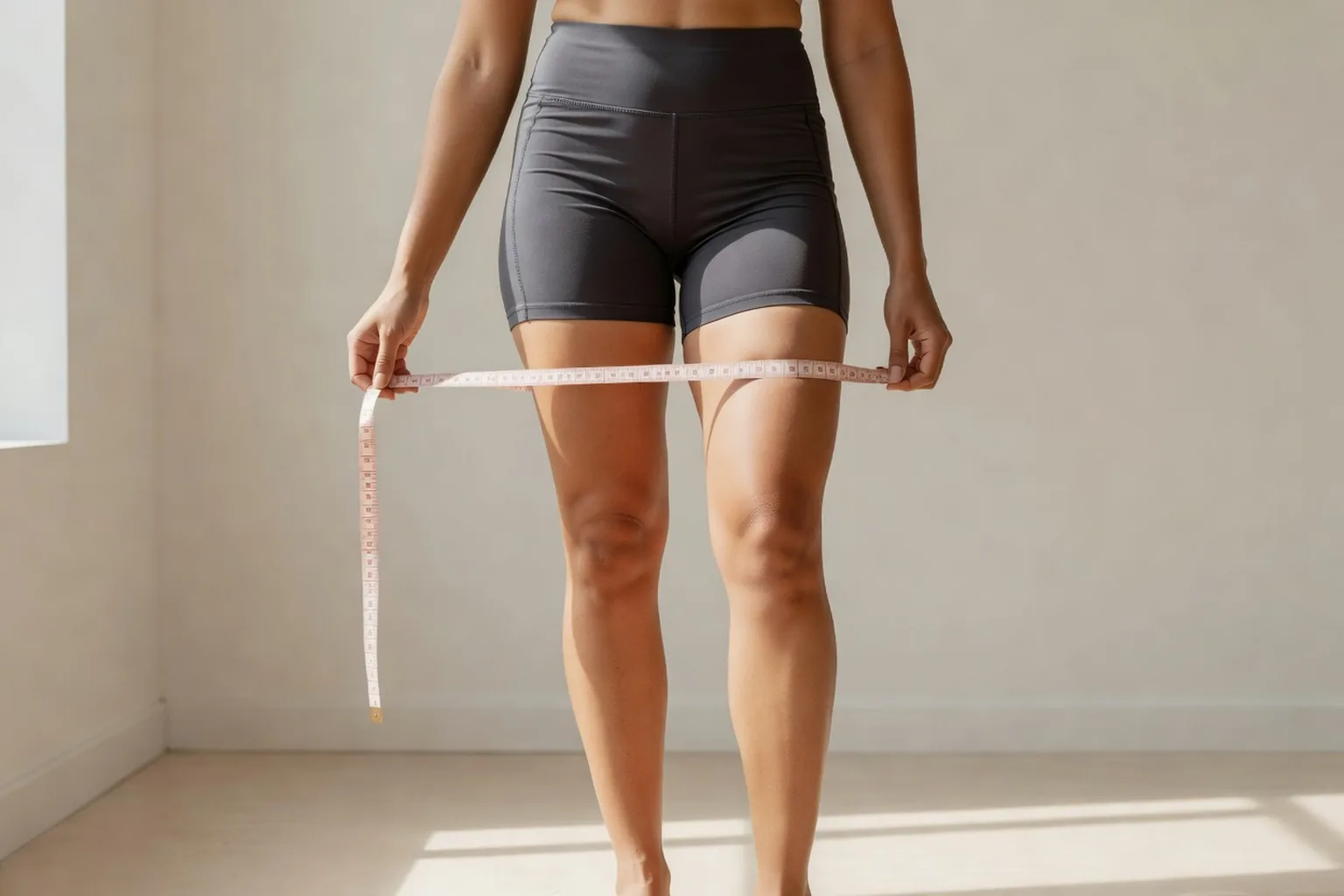 Une adulte tient un mètre ruban souple à hauteur de cuisse, en short, dans une pièce claire.