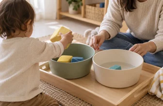 Jeune enfant réalisant une activité de transvasement avec un adulte